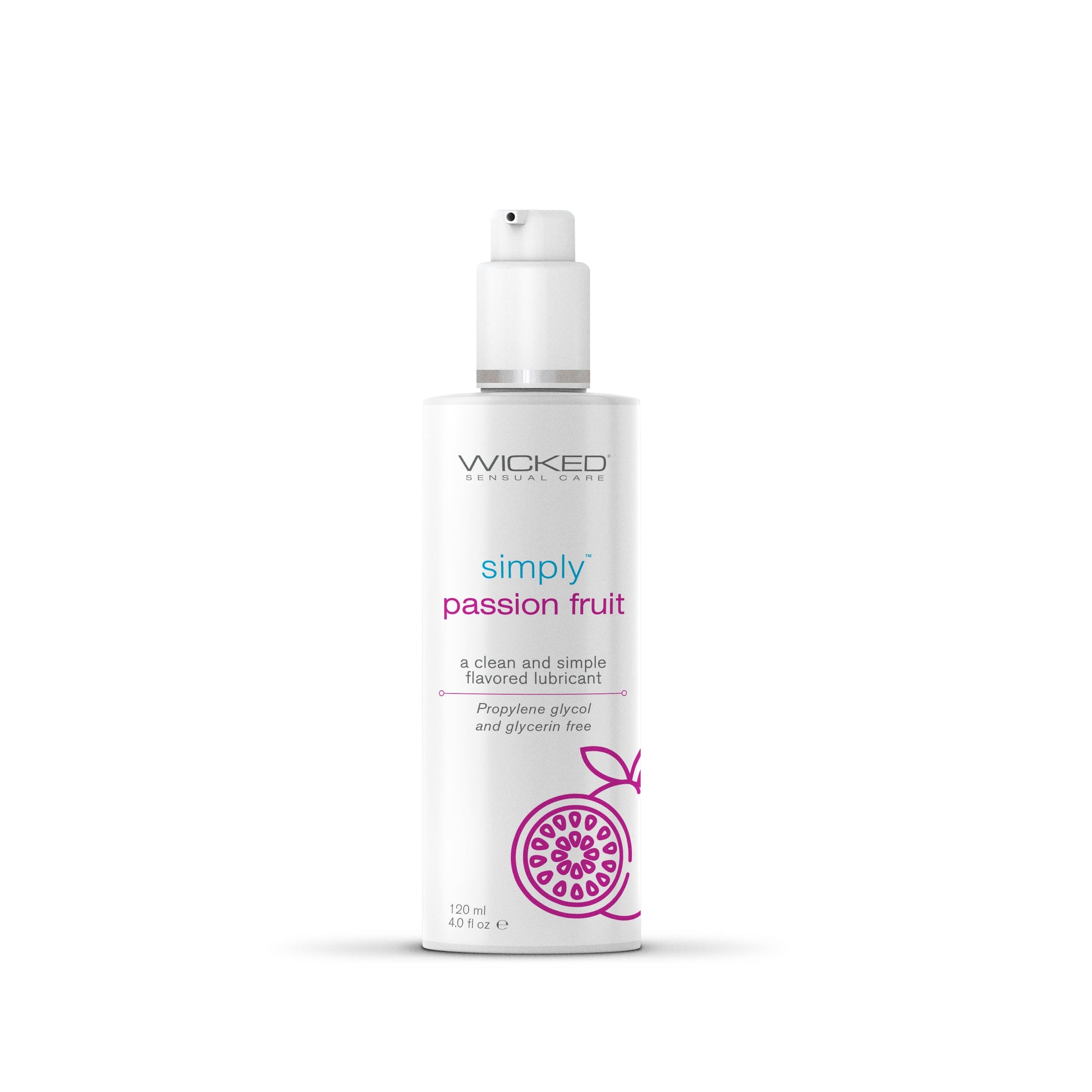 A bottle of Wicked Sensual Care Simply Passion Fruit flavored water-based lubricant.