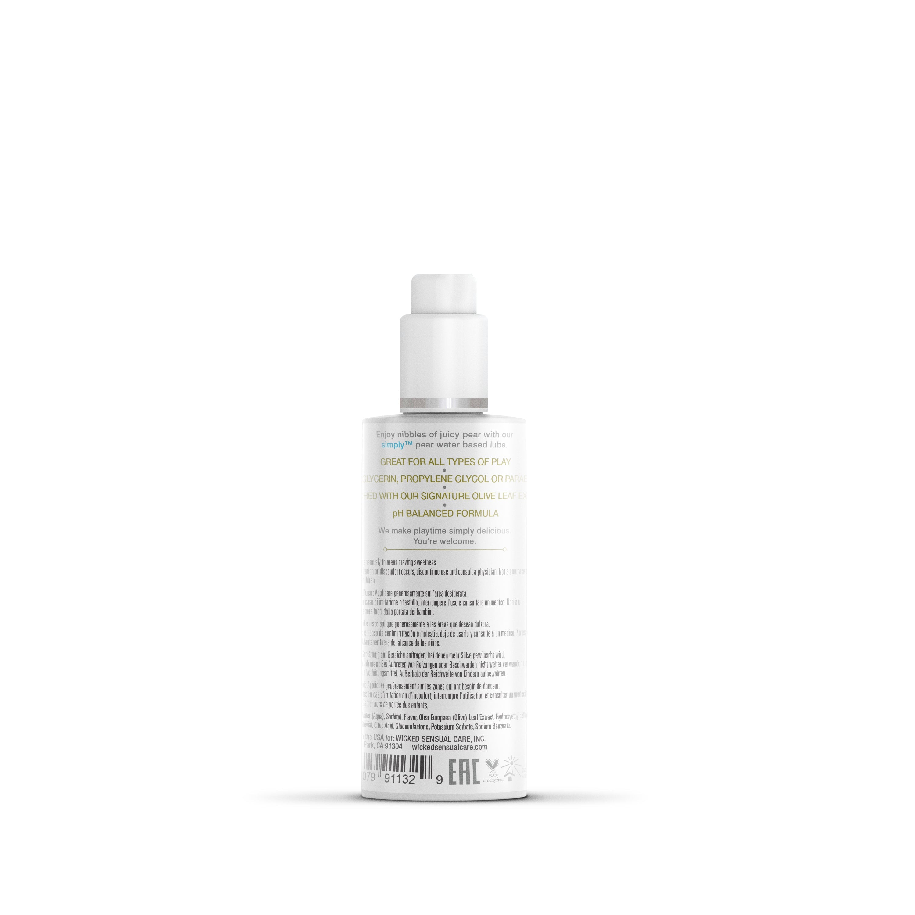 A bottle of Simply Aqua pear flavored water-based lubricant.