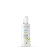 A white pump bottle of Wicked Simply Pear flavored water-based lubricant.