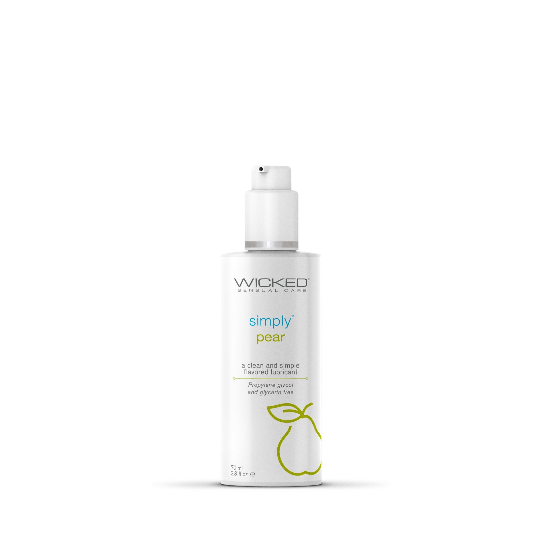 A white pump bottle of Wicked Simply Pear flavored water-based lubricant.