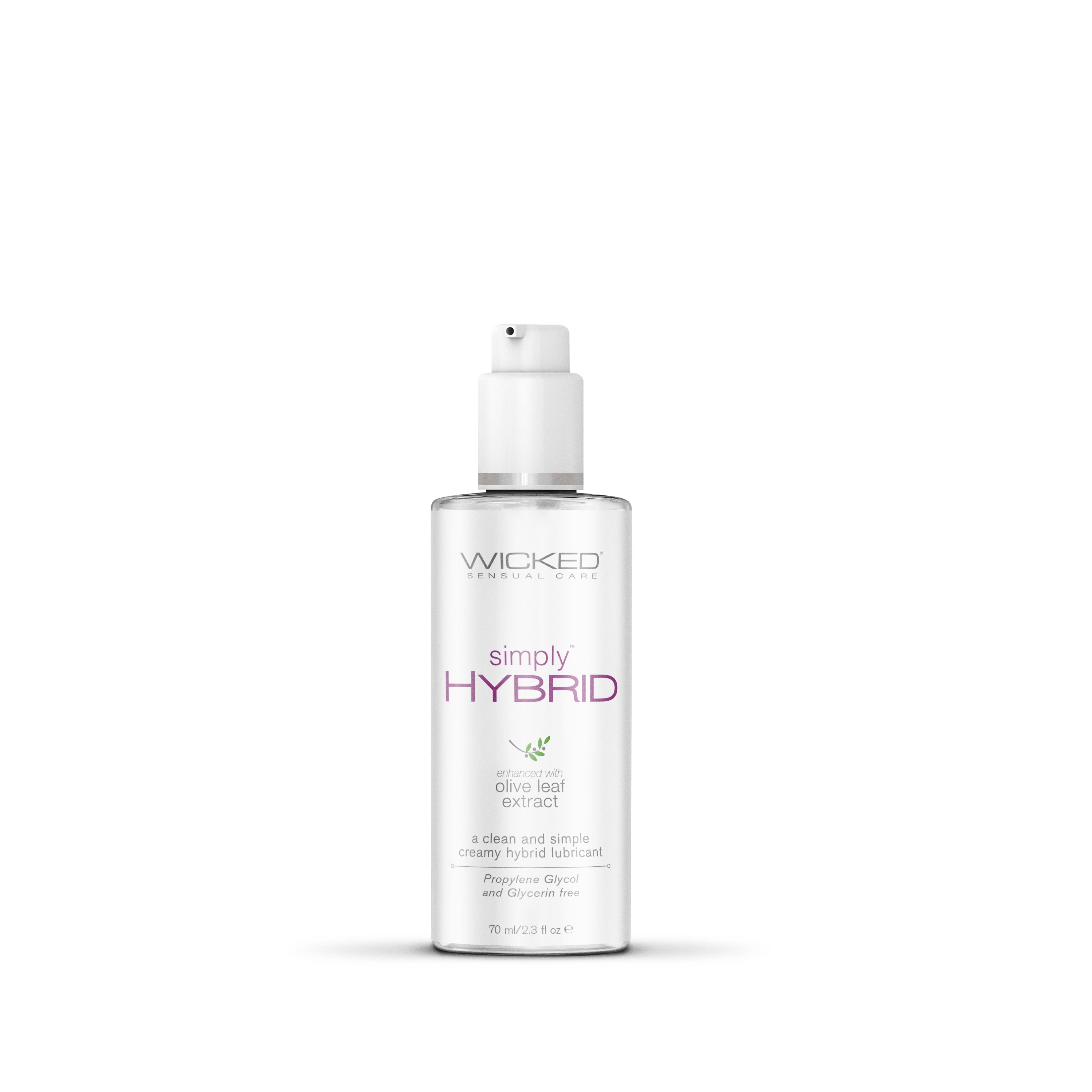 Wicked Simply Hybrid lubricant in a clear bottle with a white pump dispenser.