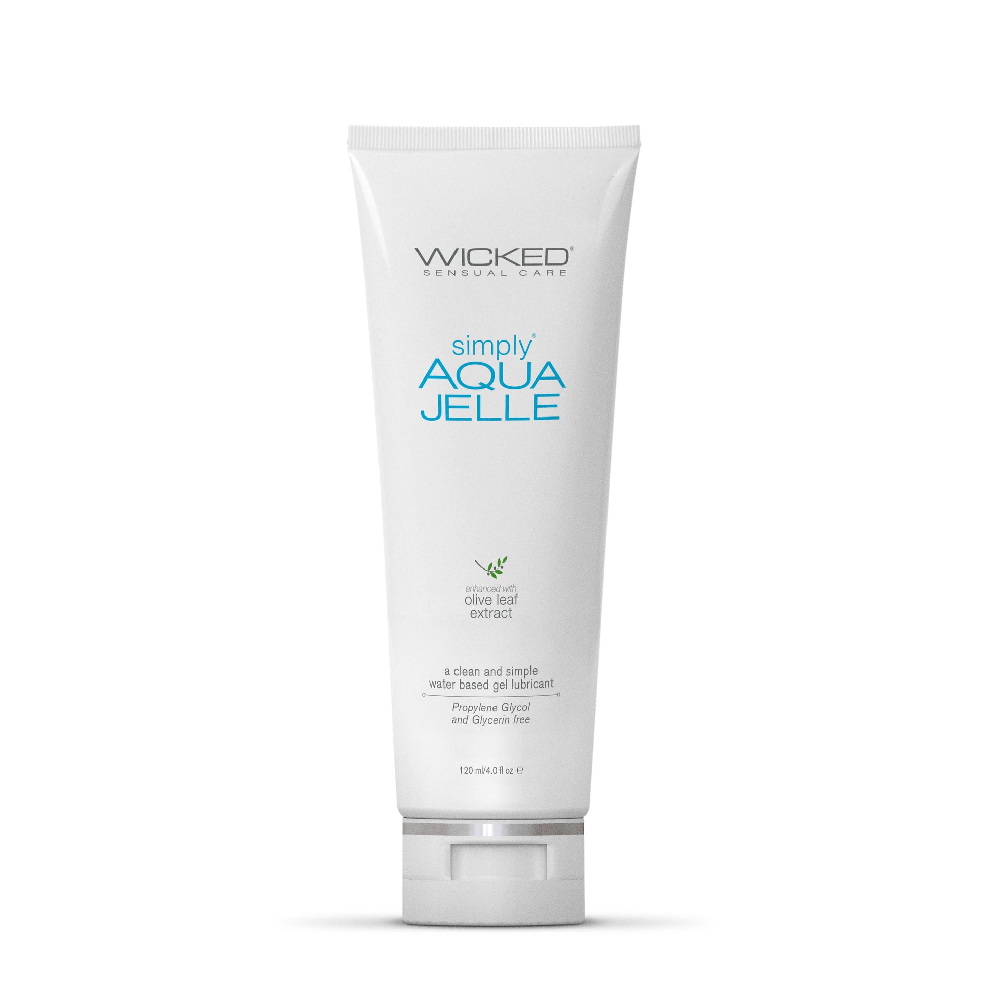 A white tube of Wicked Simply Aqua Jelle water-based gel lubricant.