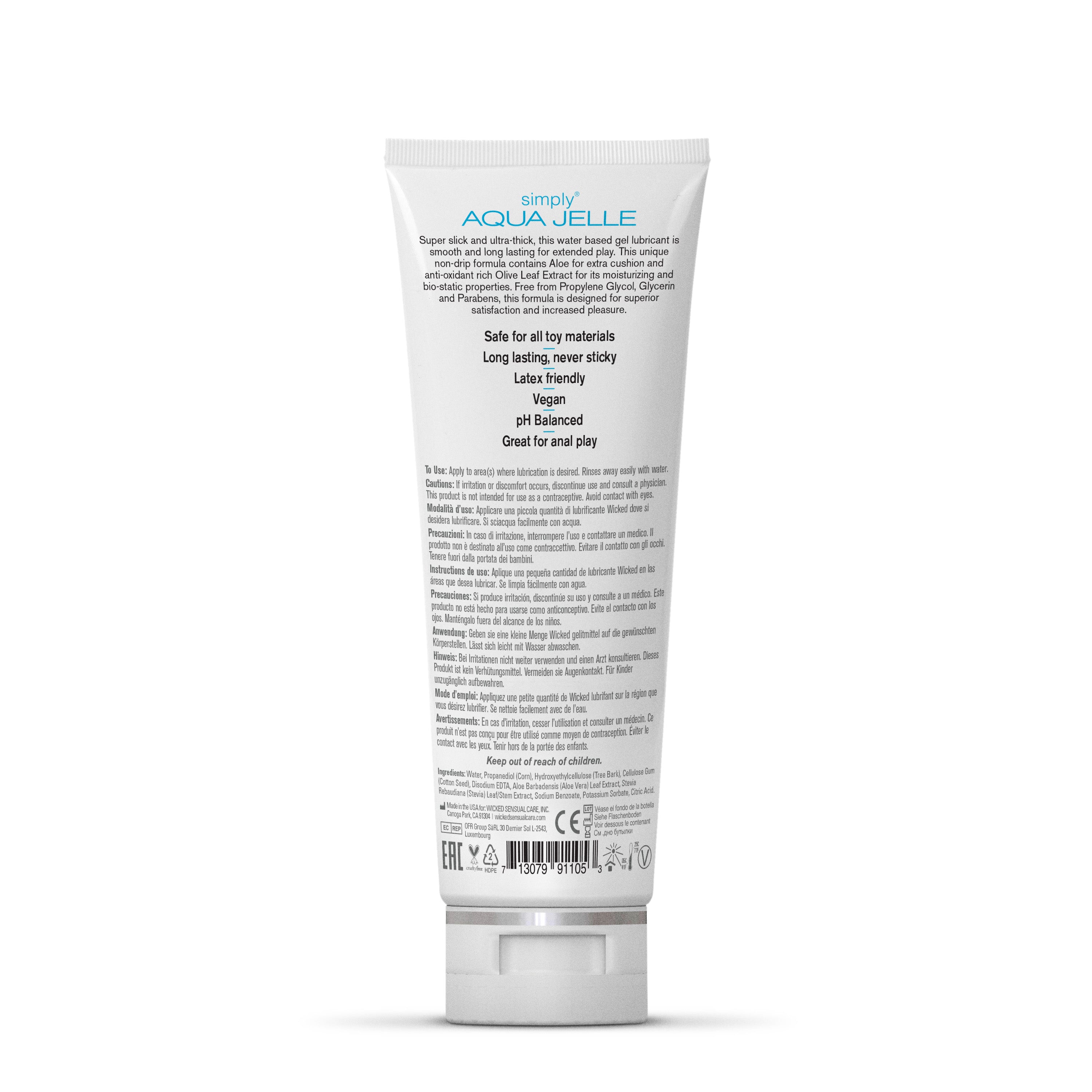 Simply Aqua Jelle water-based lubricant in a white tube.