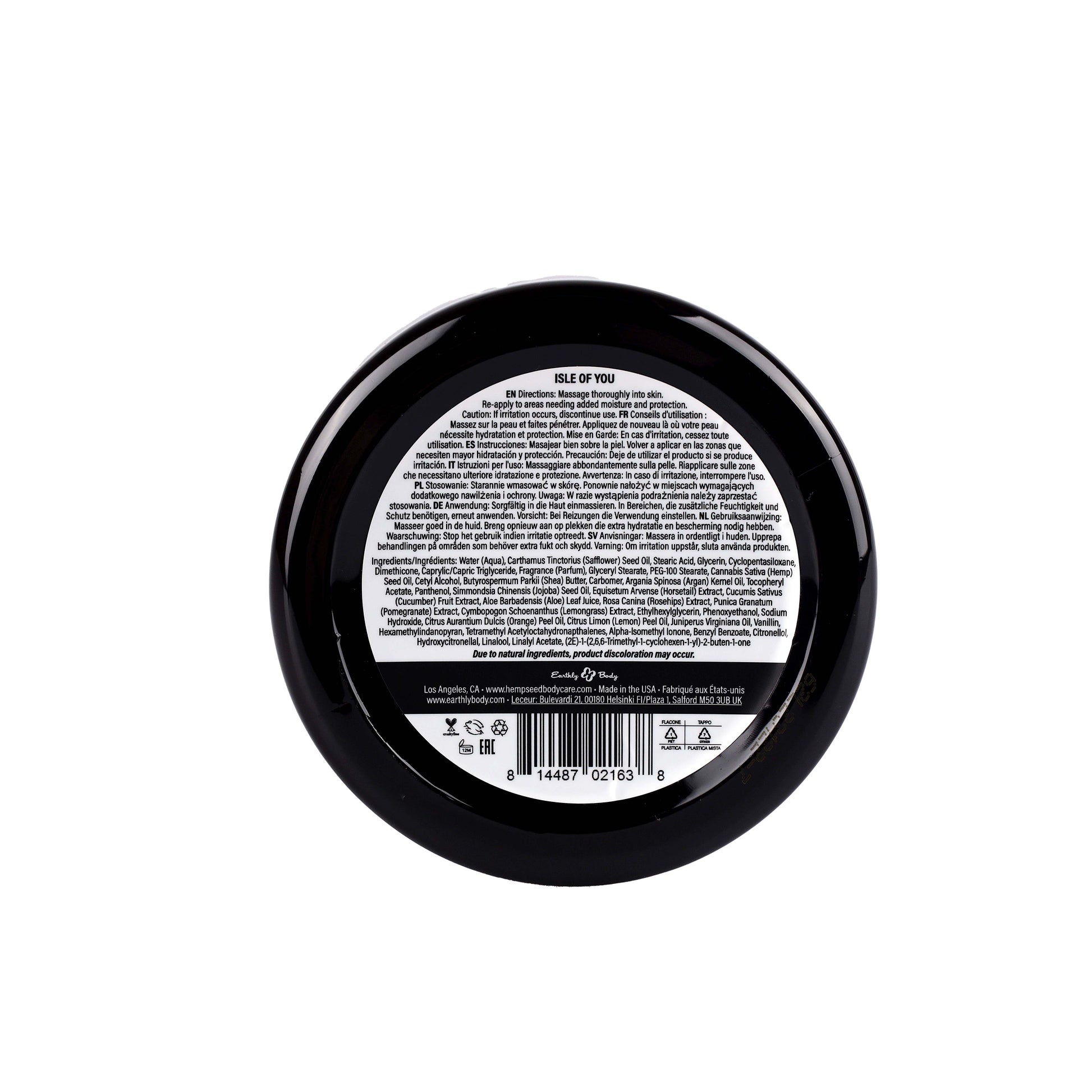 Hemp Seed Skin Butter Isle of You moisturizing body cream in a black jar.