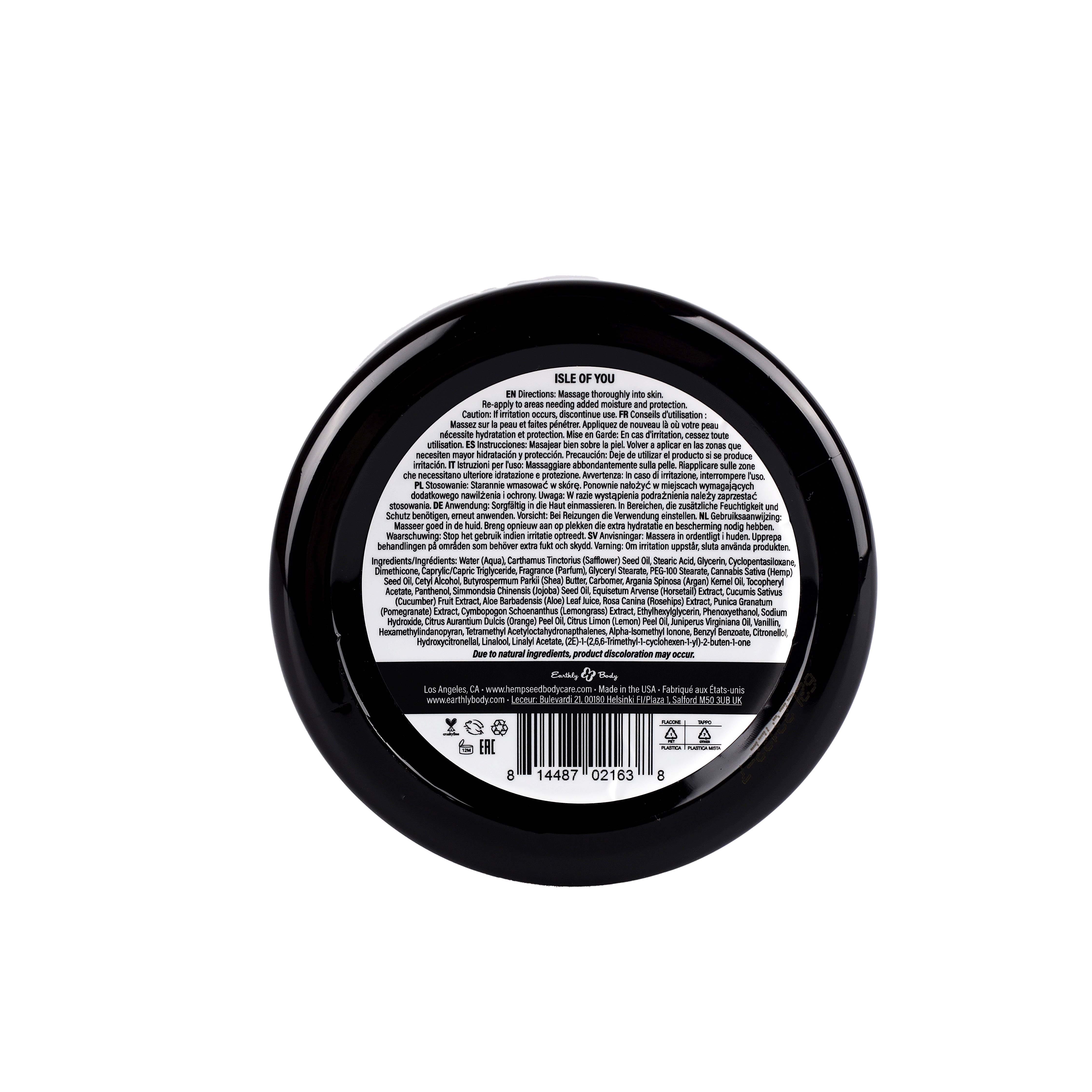 Hemp Seed Skin Butter Isle of You moisturizing body cream in a black jar.