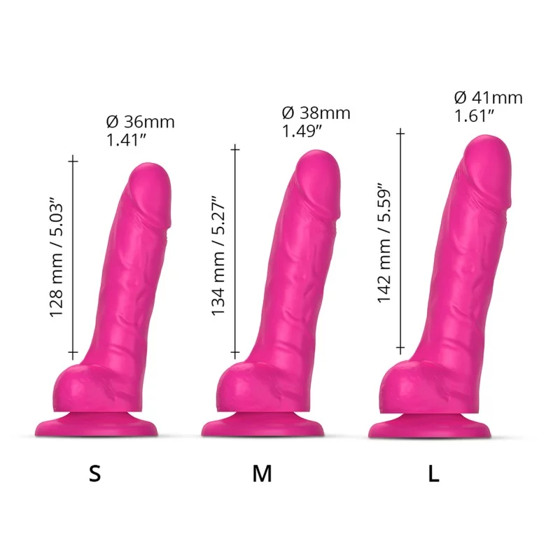 Three sizes of pink dual-density silicone realistic dildos with measurements.