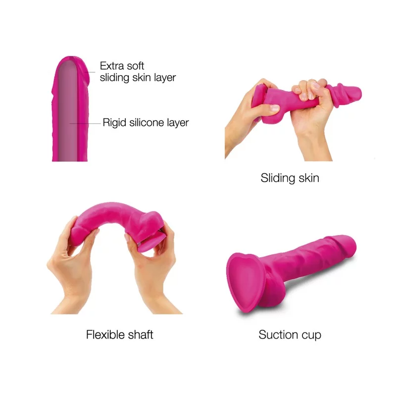 Fuchsia small realistic silicone dildo with sliding skin, flexible shaft, and suction cup.