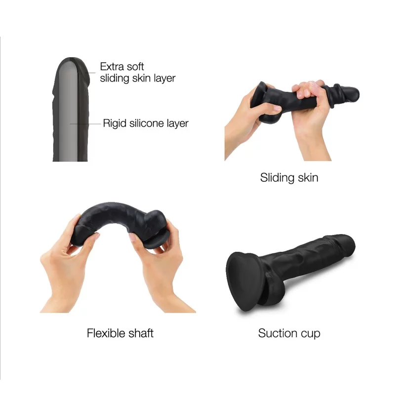 Black realistic silicone dildo with a suction cup and flexible shaft.