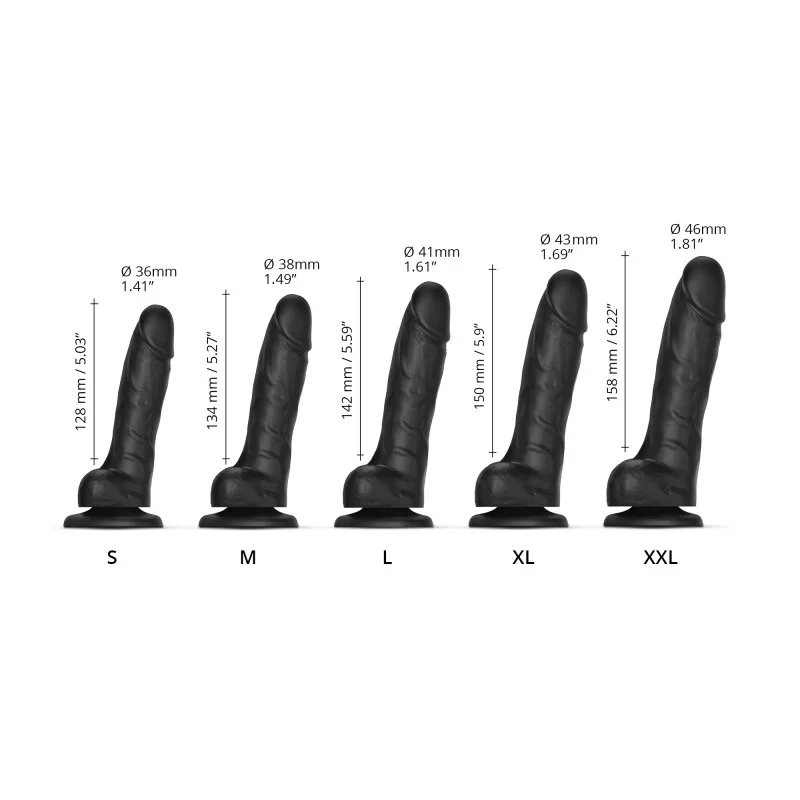Five black silicone dildos of varying sizes with measurement labels.