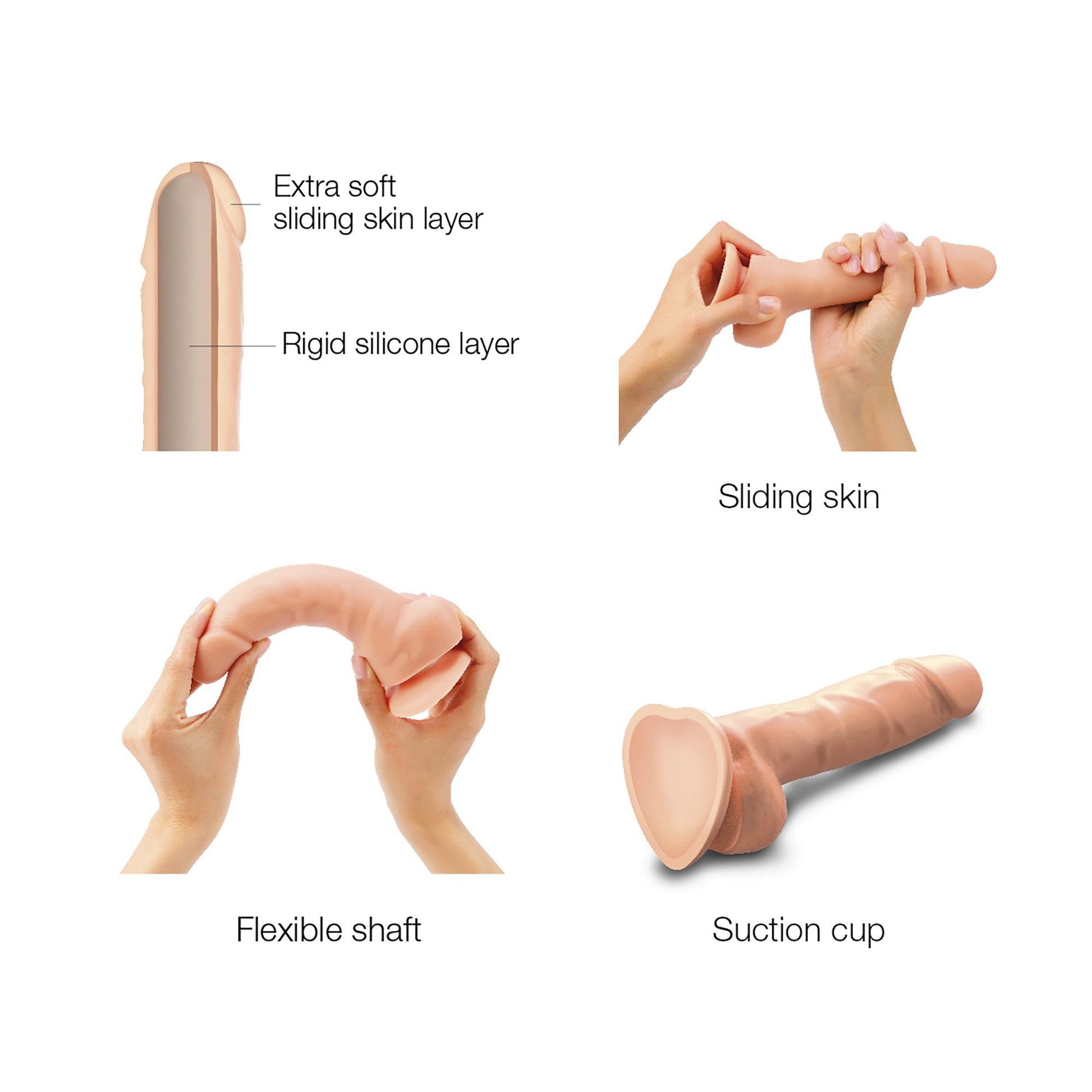 Large vanilla realistic silicone dildo with sliding skin layers, flexible shaft, and suction cup.
