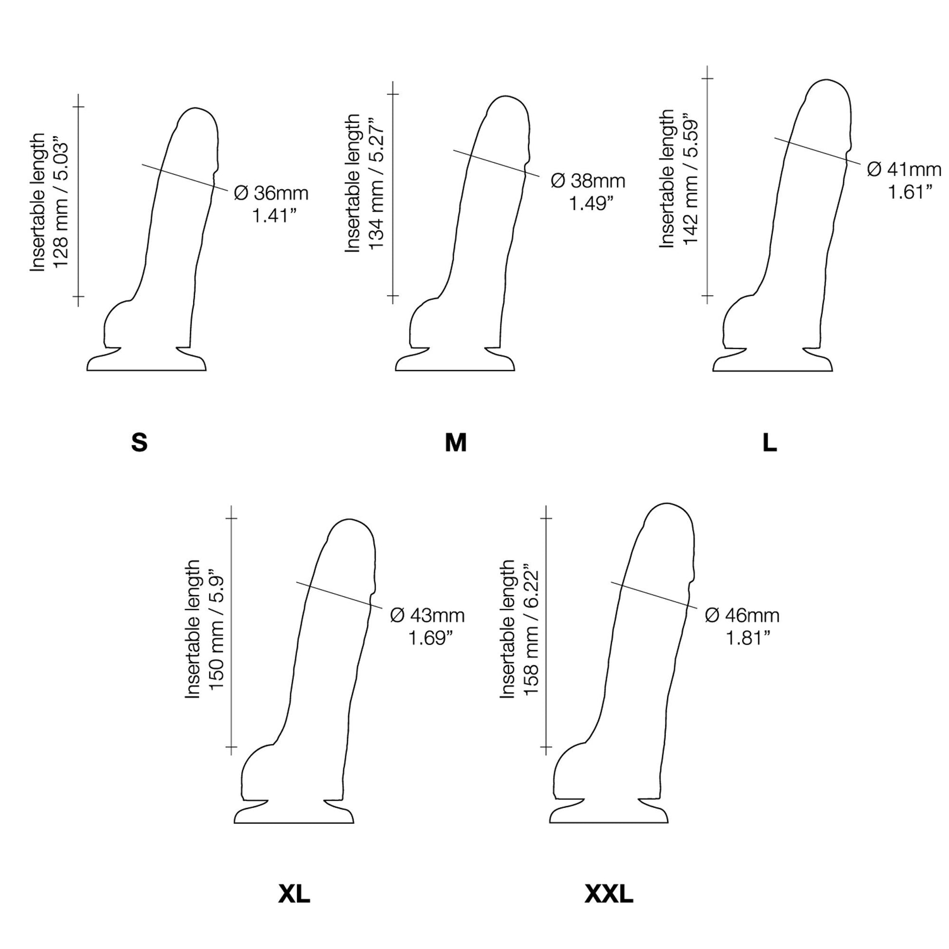 Diagram showing sizes S to XXL of realistic silicone dildo with measurements for length and diameter.