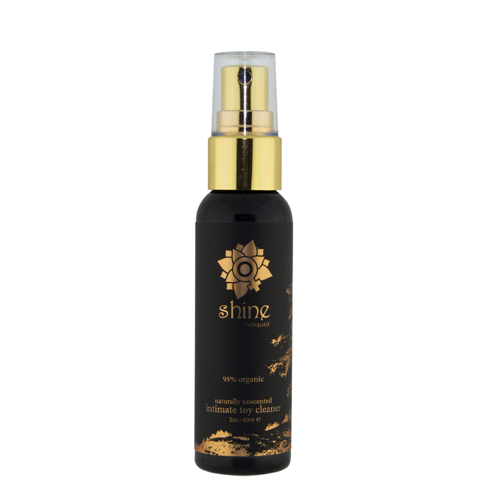 A black bottle of Sliquid Shine organic intimate toy cleaner with a gold spray top.