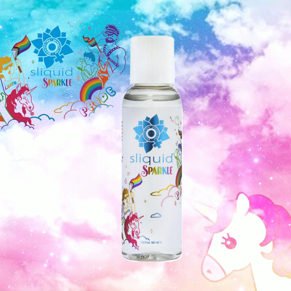Sliquid Sparkle water-based personal lubricant in a 2oz bottle with pride-themed illustrations.