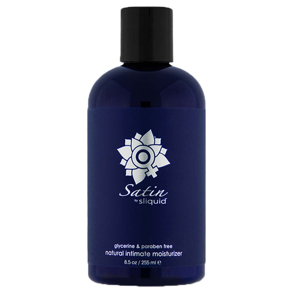 Sliquid Naturals Satin Intimate Moisturizer in a dark blue bottle.