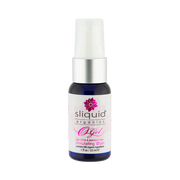Sliquid Organics stimulating O Gel in a blue bottle with a white pump.