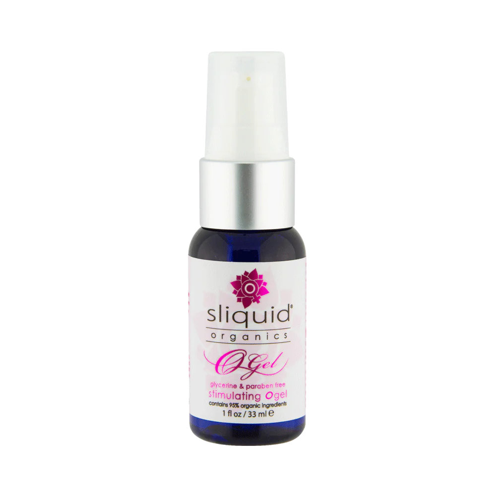 Sliquid Organics stimulating O Gel in a blue bottle with a white pump.
