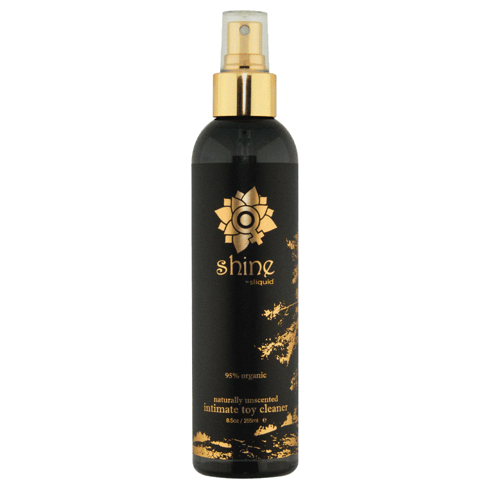 A black bottle of Sliquid Shine naturally unscented intimate toy cleaner with gold accents.
