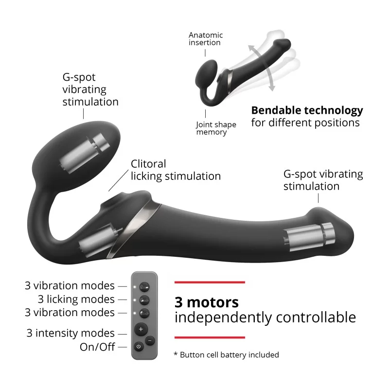 Bendable strap-on with remote control, clitoral and G-spot stimulation.
