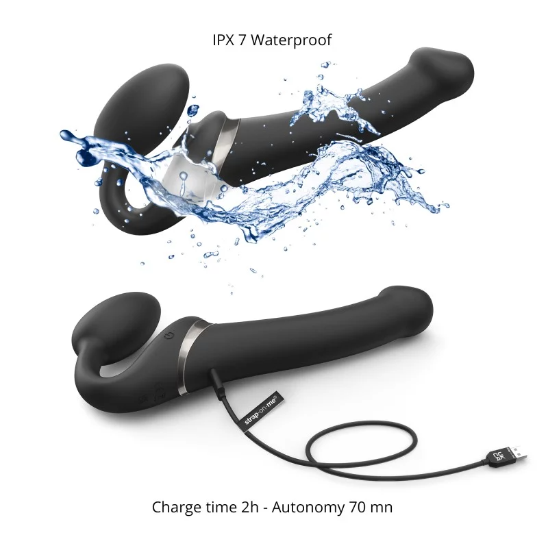 Black bendable remote control strap-on made of silicone, IPX7 waterproof.