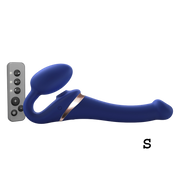 A blue silicone strap-on with a remote control.