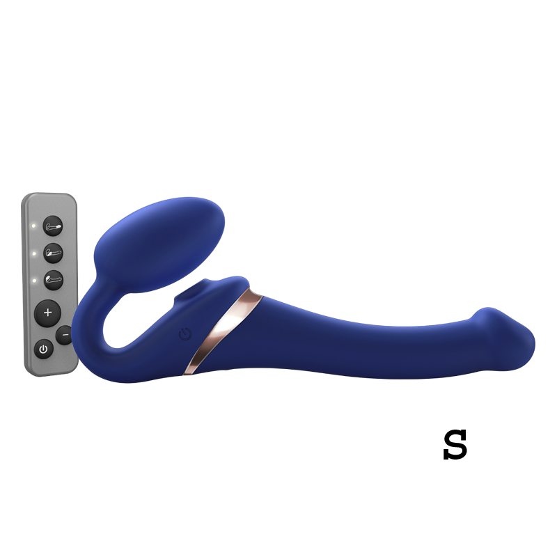 A blue silicone strap-on with a remote control.