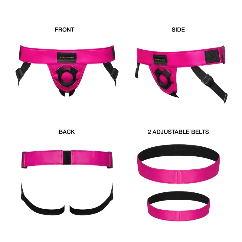 Fuchsia faux leather strap-on harness with adjustable belts.