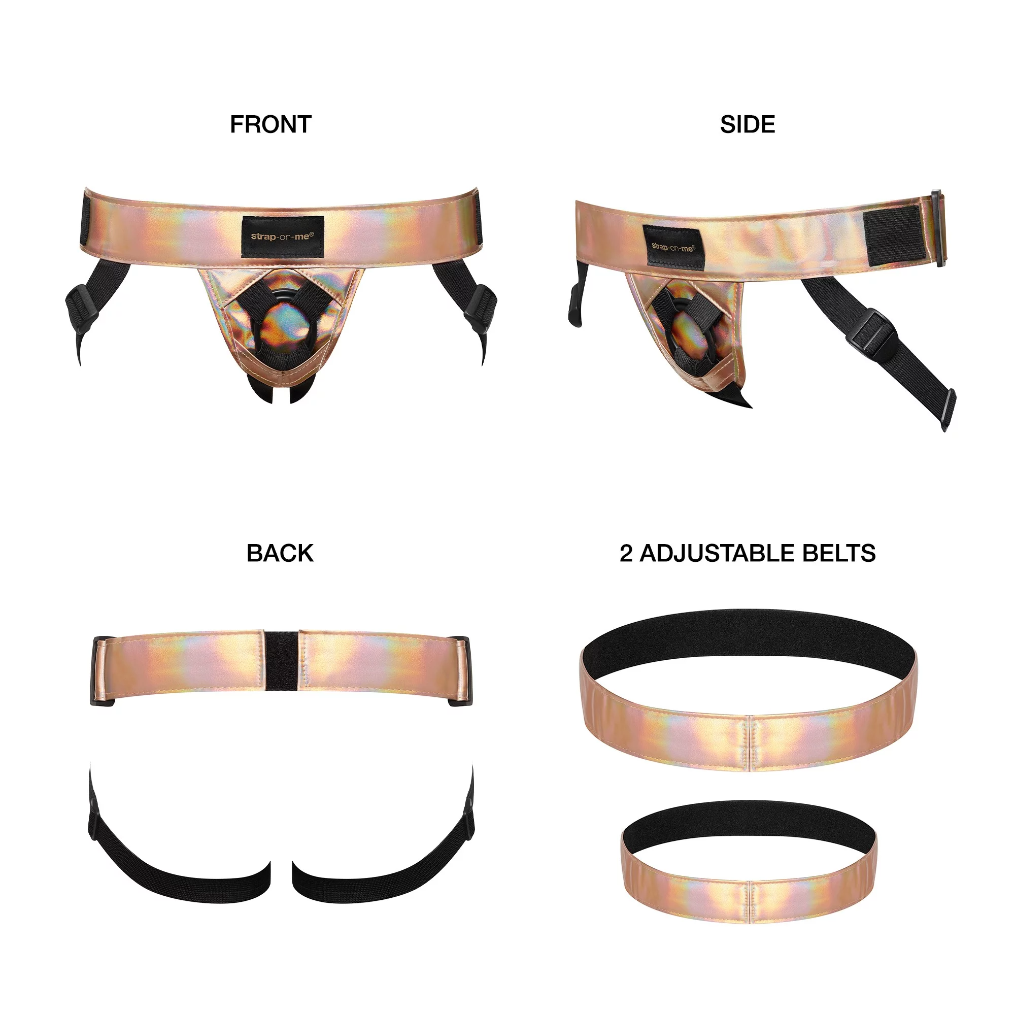 Rose gold holographic adjustable leatherette harness with black straps.