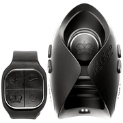Black remote-controlled male massager with crown emblem.