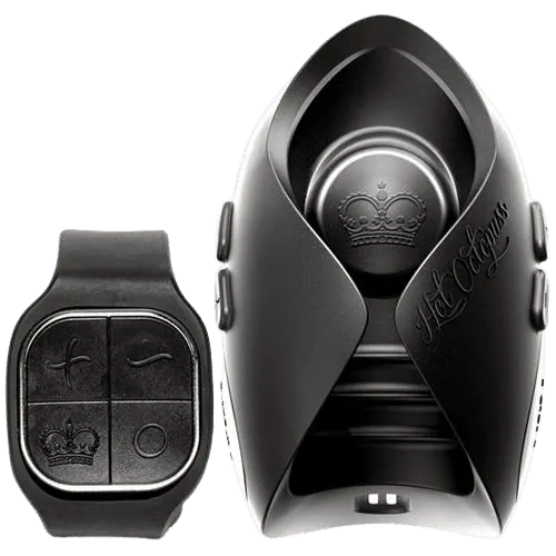 Black remote-controlled male massager with crown emblem.
