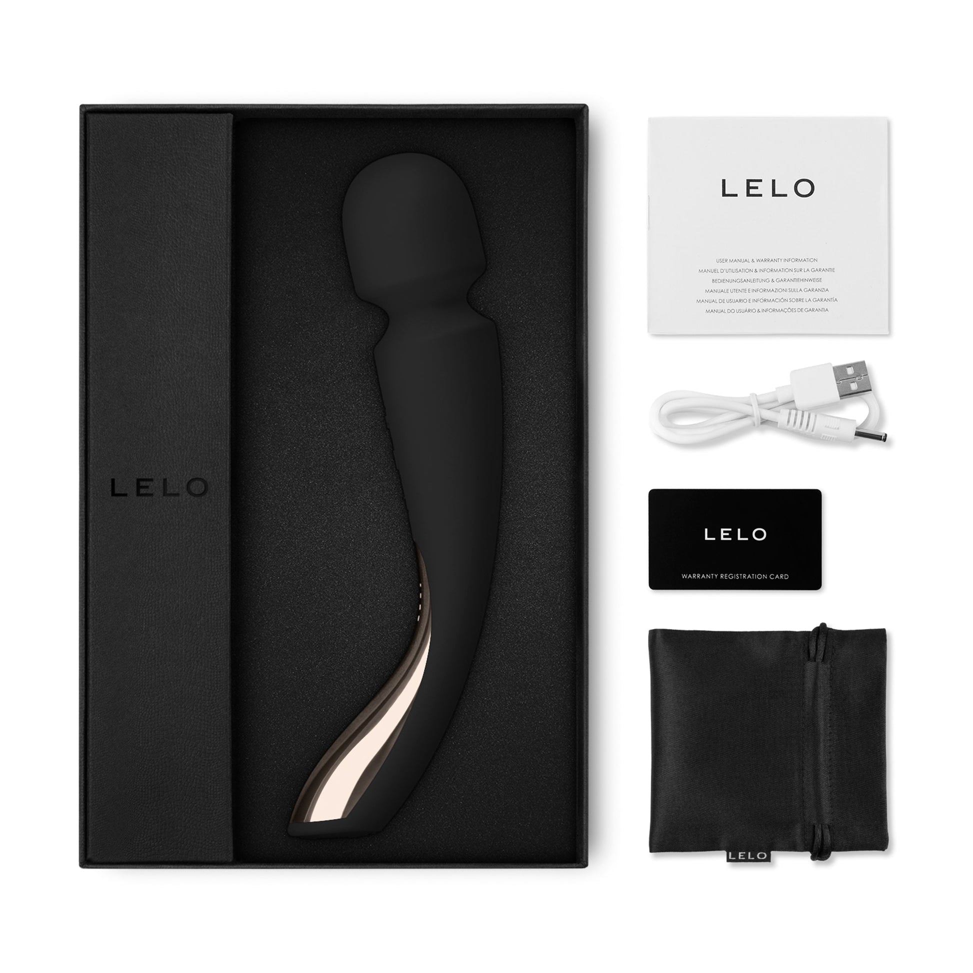 Lelo Smart Wand 2 medium massager in black with gold accent, in its box with accessories.