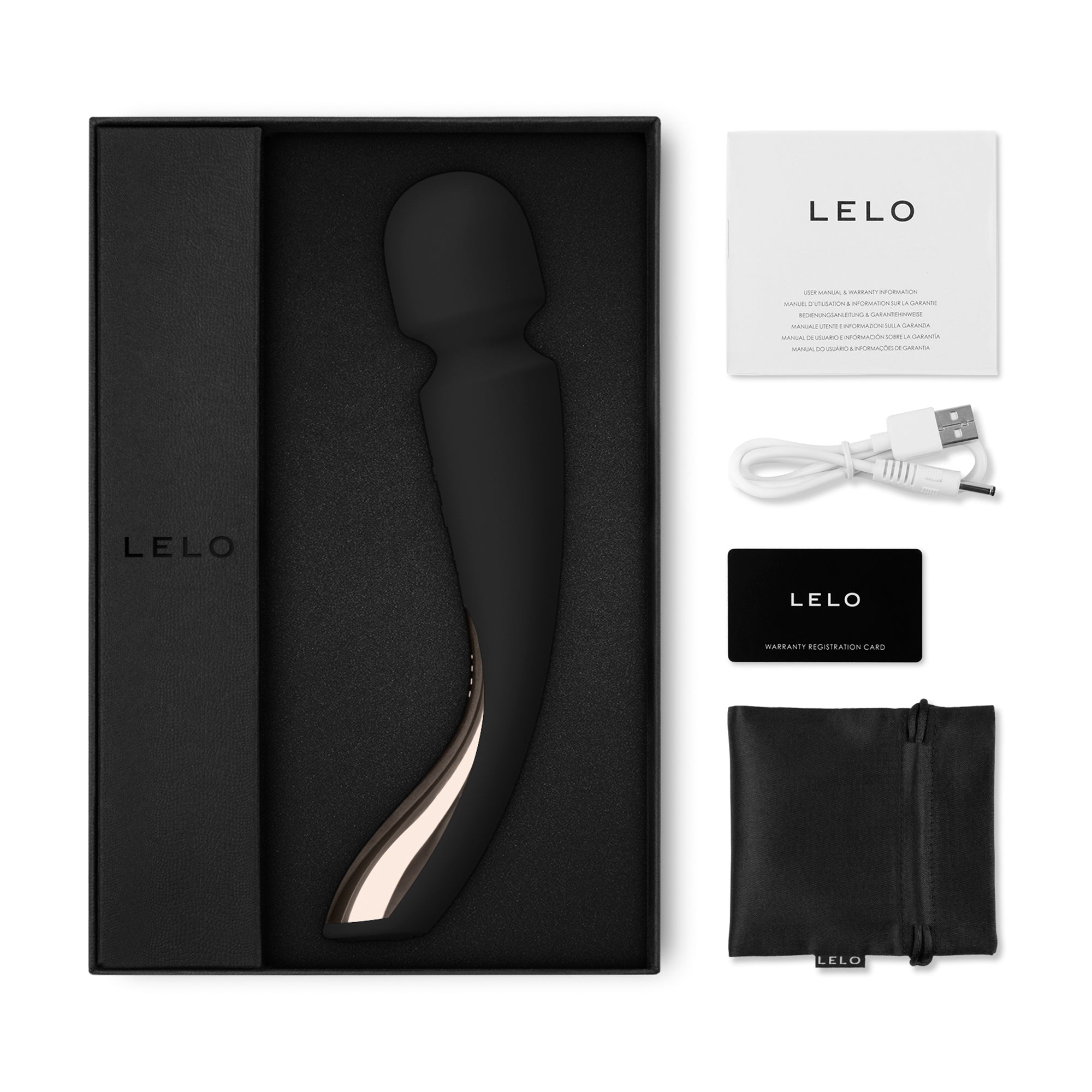 Lelo Smart Wand 2 medium massager in black with gold accent, in its box with accessories.