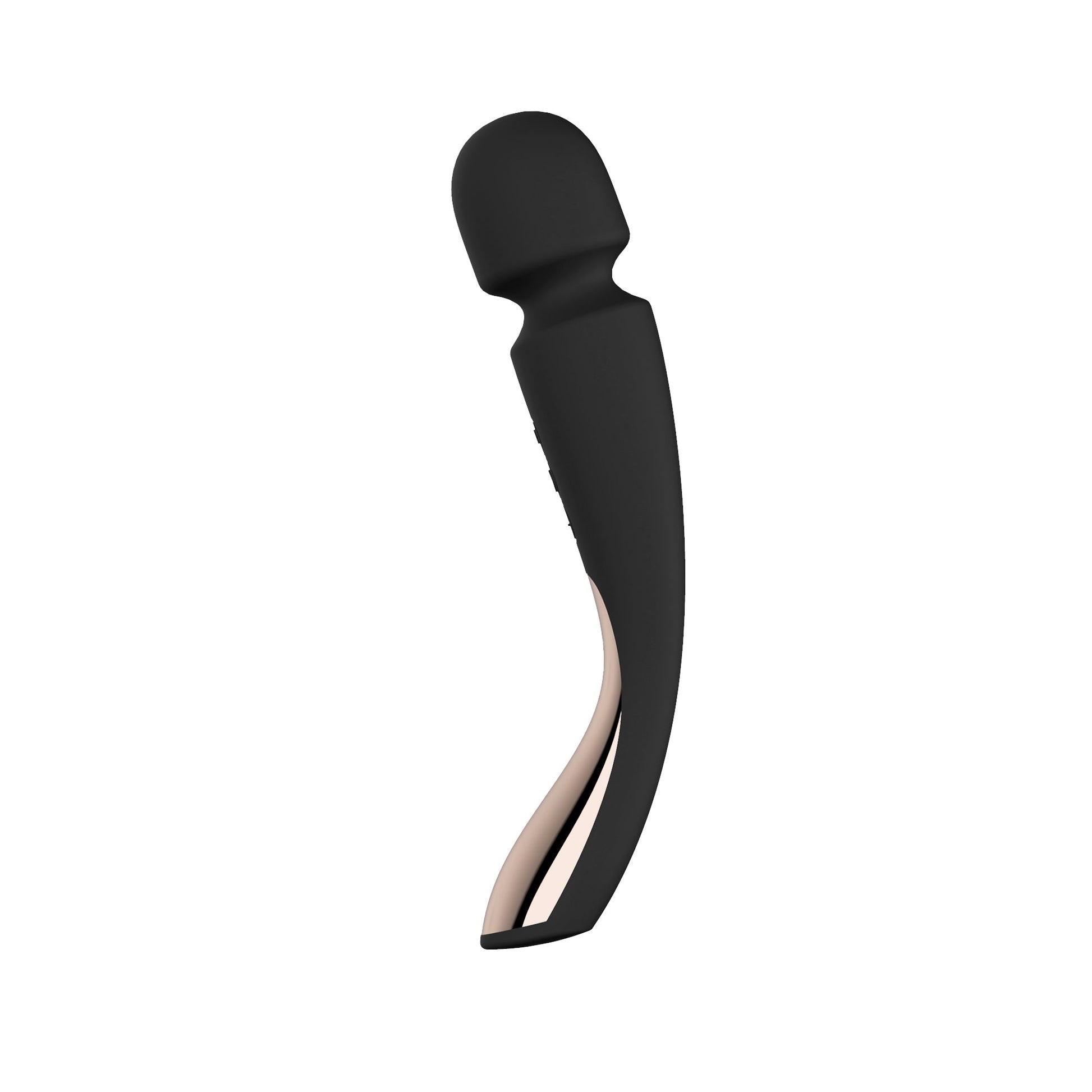 Black and rose gold curved wand massager with a rounded head.