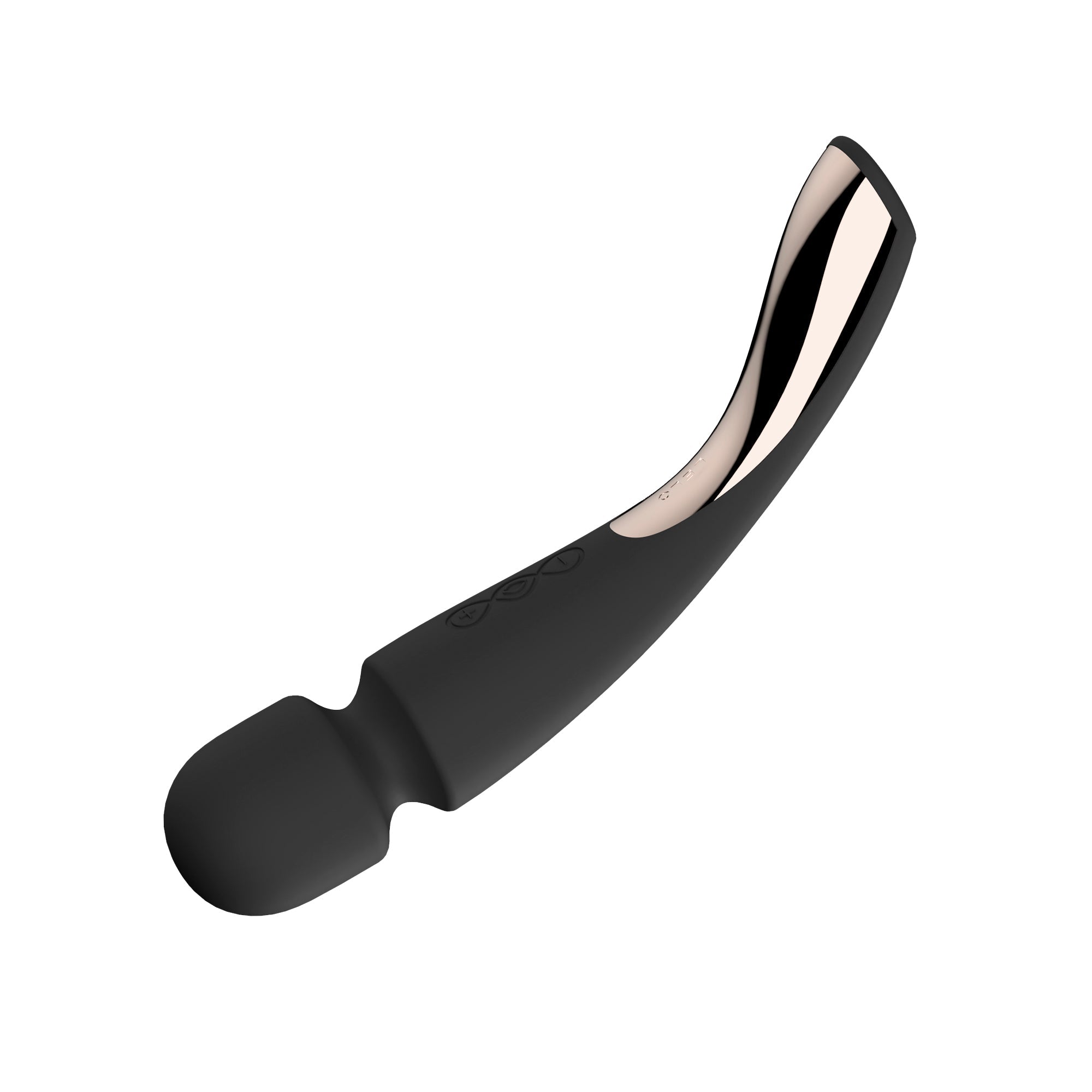 Black and rose gold Lelo Smart Wand 2 massager with infinity symbol controls.