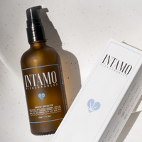 A bottle and box of Intamo water-based lubricant with hyaluronic acid and aloe vera.