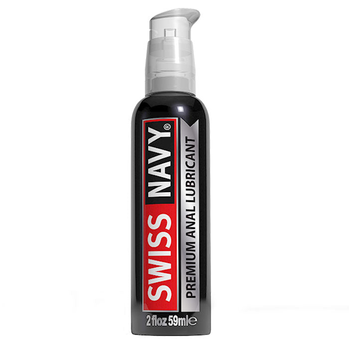 Swiss Navy premium anal lubricant in a black pump bottle.