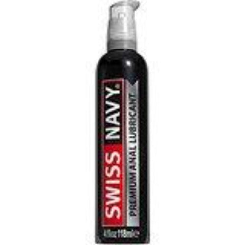 Swiss Navy anal lubricant in a black bottle with a white pump dispenser.