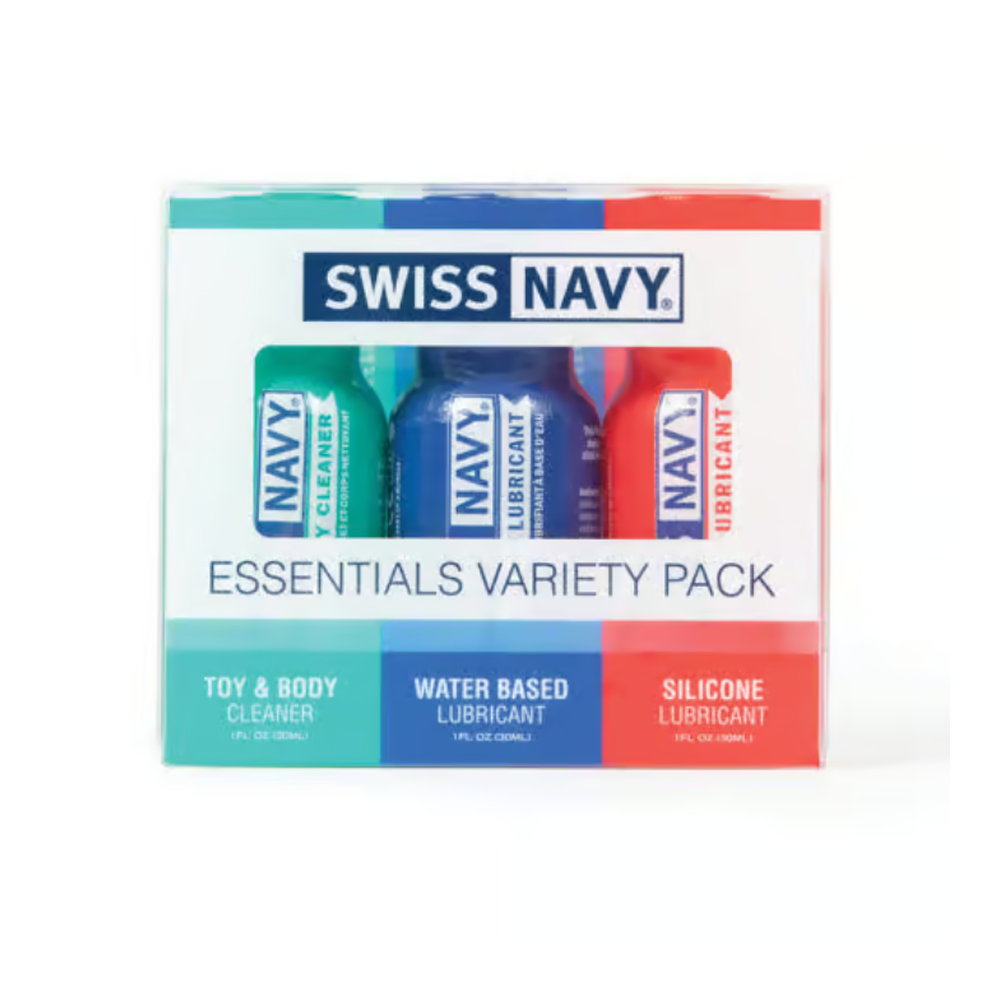 Swiss Navy Essentials Variety Pack with toy cleaner and two lubricants.