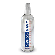 Swiss Navy 16 oz clear silicone lubricant in a pump bottle.