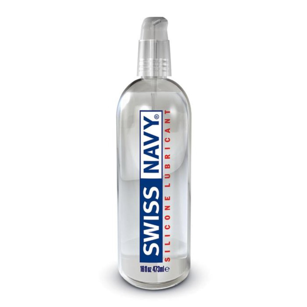 Swiss Navy 16 oz clear silicone lubricant in a pump bottle.