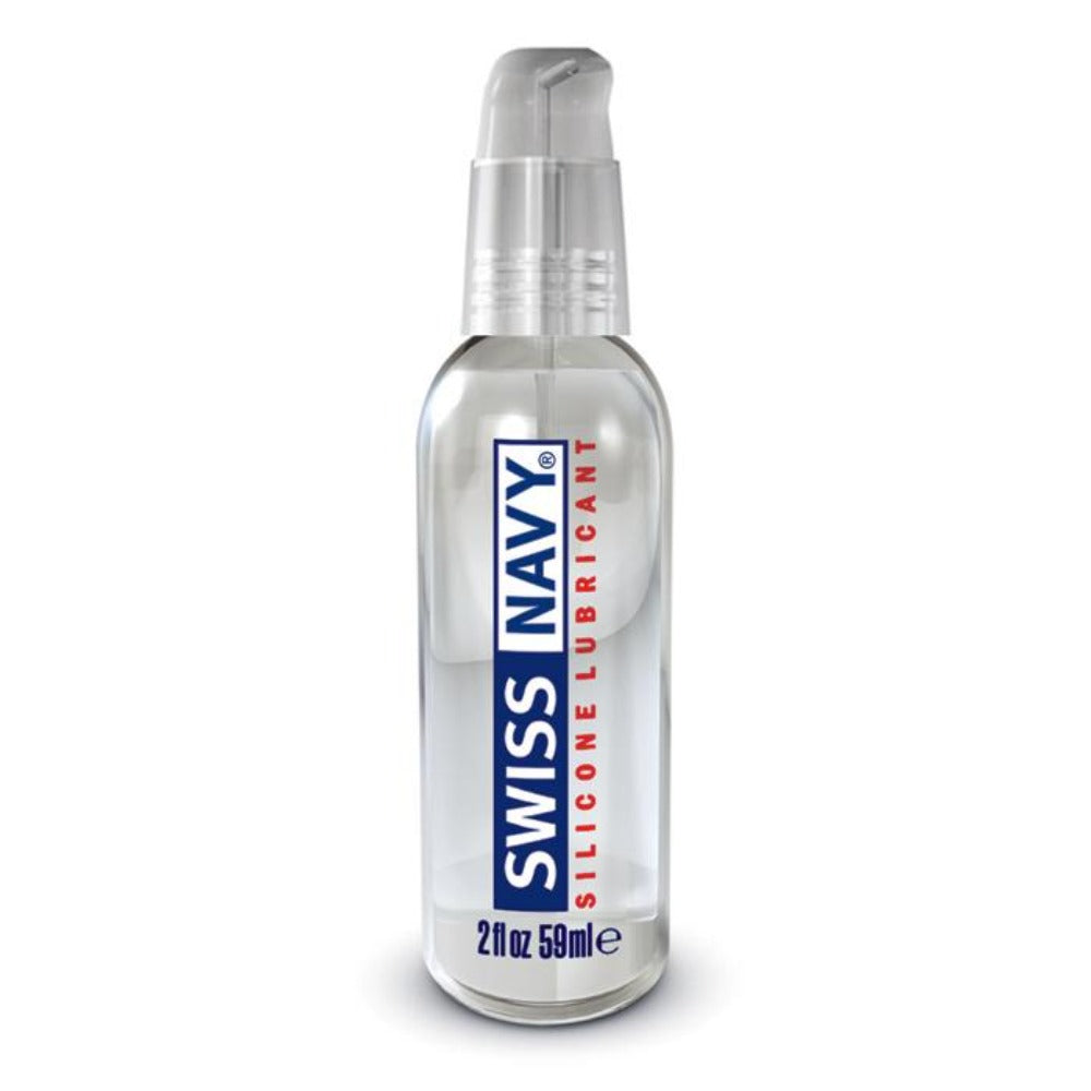 Swiss Navy clear silicone lubricant in a pump bottle.