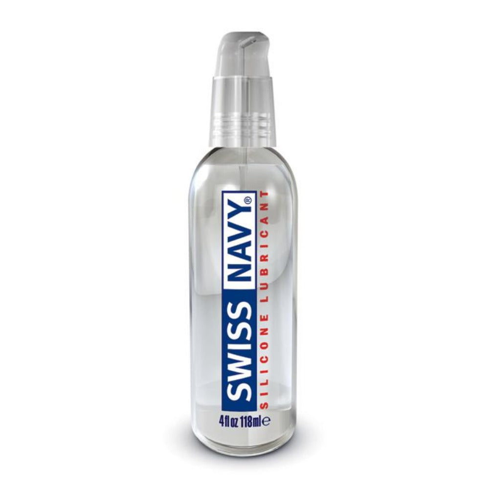Swiss Navy clear silicone lubricant in a pump bottle.