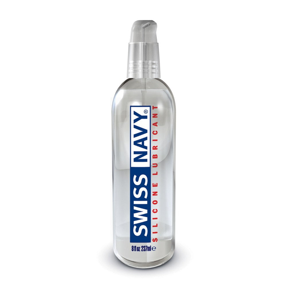 Swiss Navy silicone lubricant in an 8 oz clear bottle with a pump dispenser.