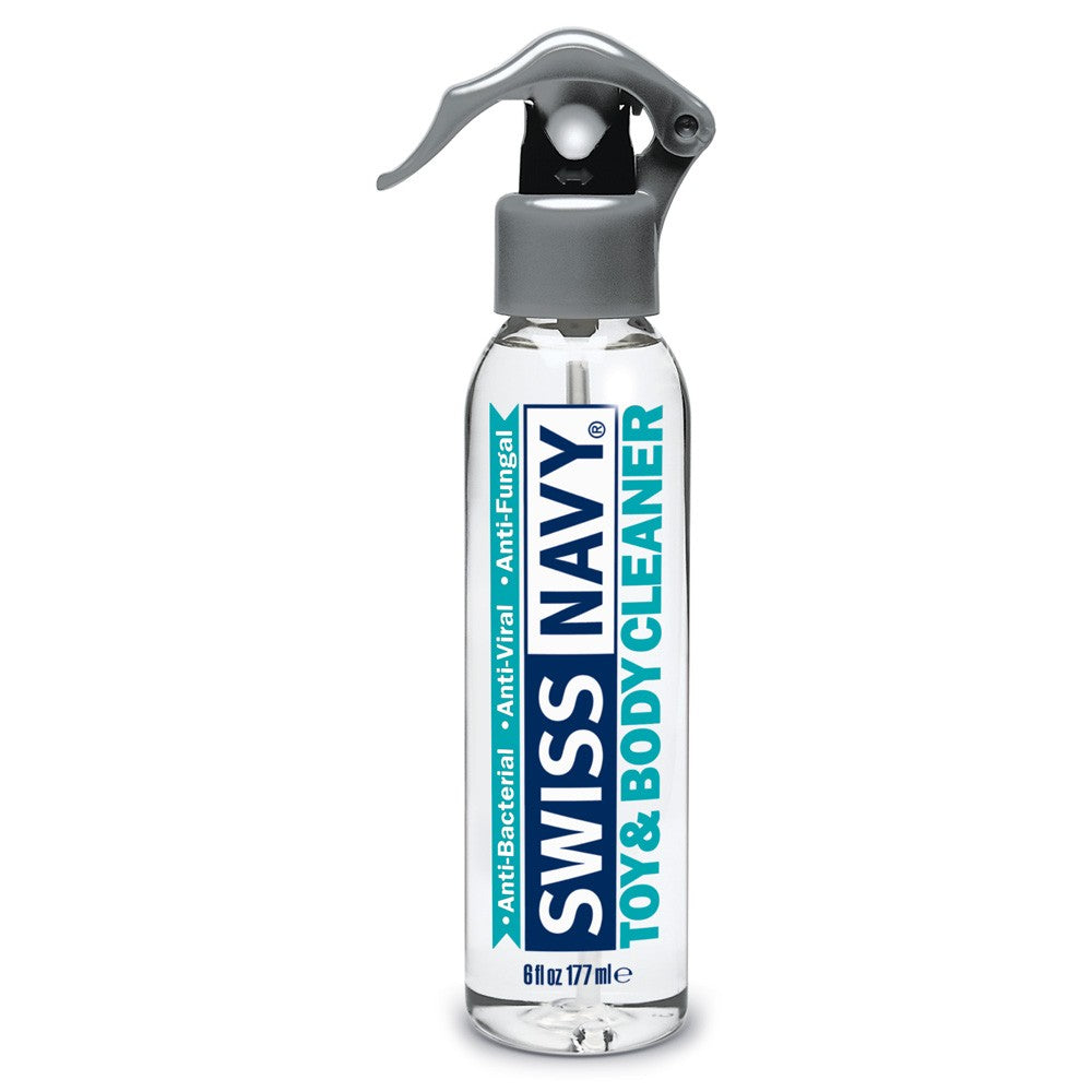 Swiss Navy Toy & Body Cleaner spray bottle with grey trigger.