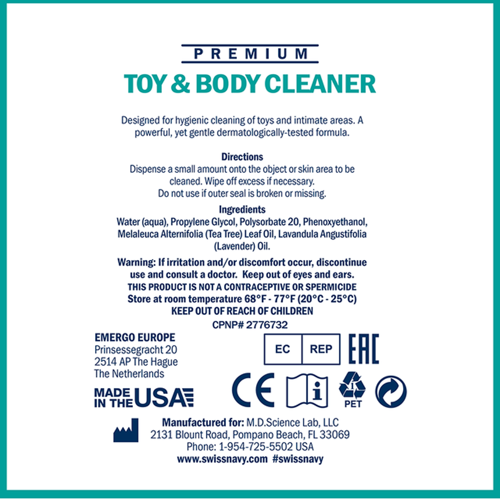 Premium toy and body cleaner with ingredients and usage instructions.