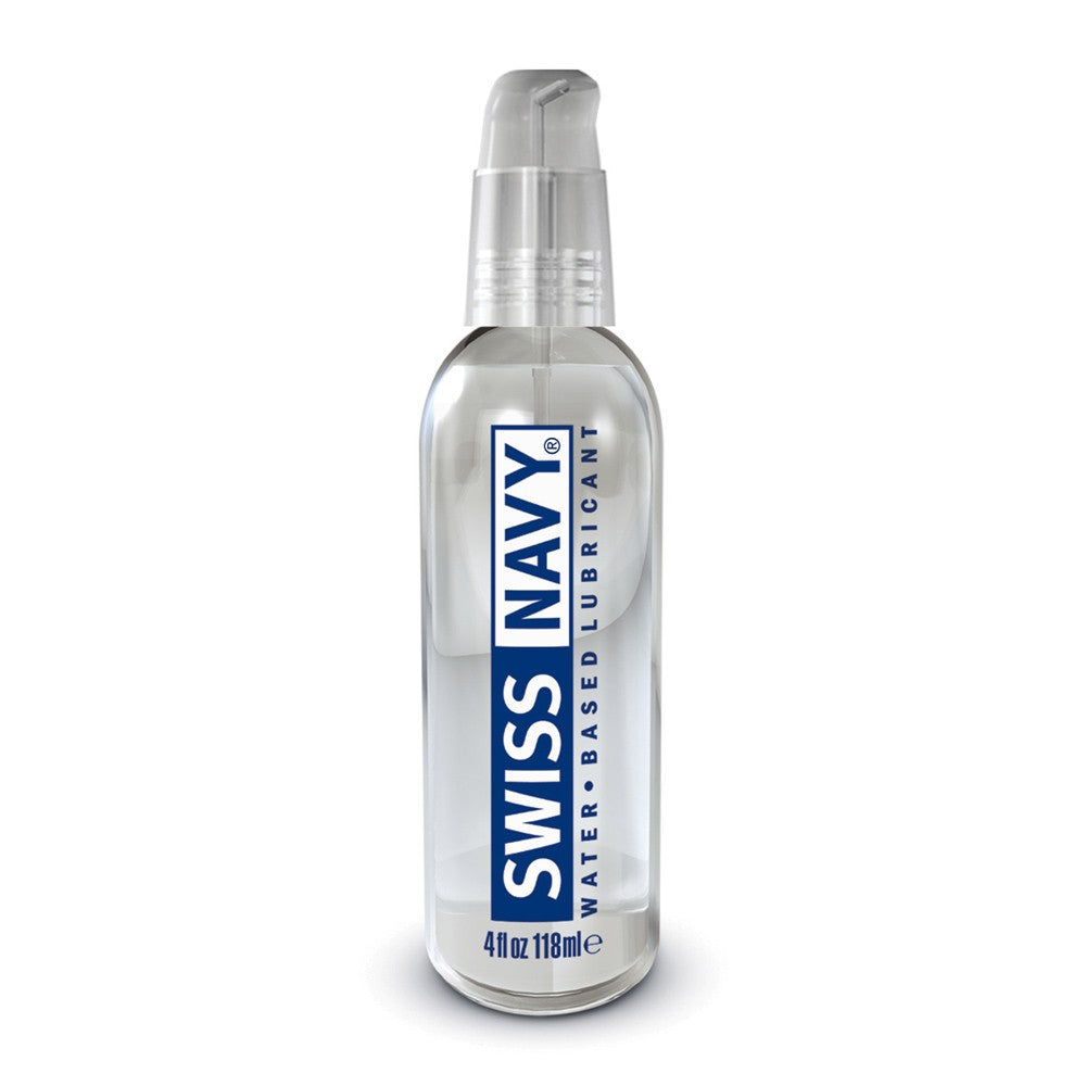 Swiss Navy water-based lubricant in a clear pump bottle.