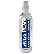 Swiss Navy water-based lubricant in a clear pump bottle with a blue label.