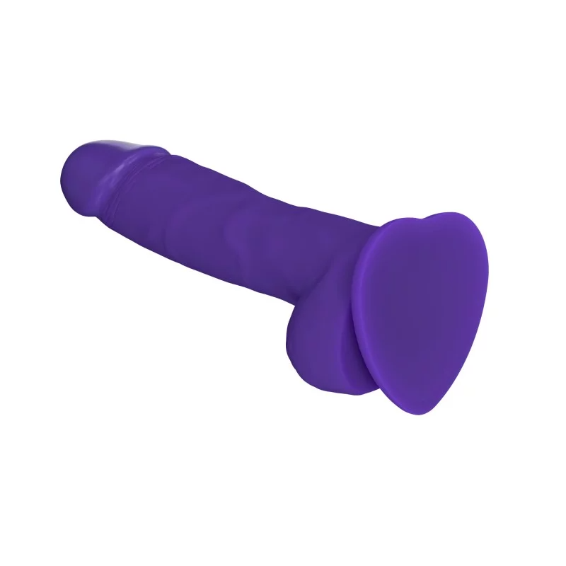 Purple realistic silicone dildo with veined shaft, textured balls, and suction cup base.