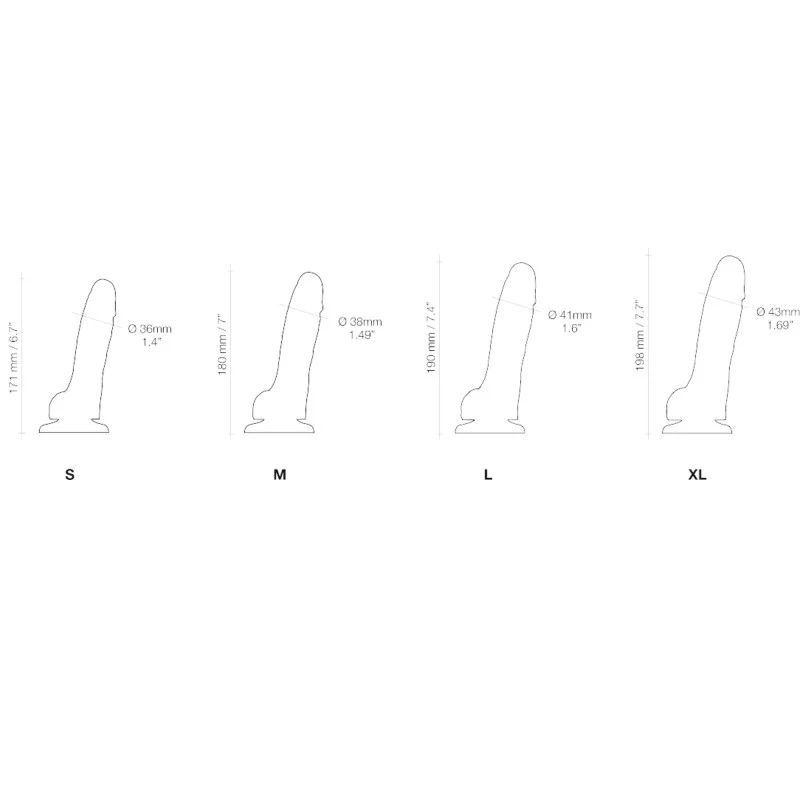 Four realistic dildos of increasing size with measurement labels.