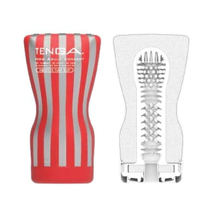 Red and silver striped Tenga masturbator with internal textured sleeve.
