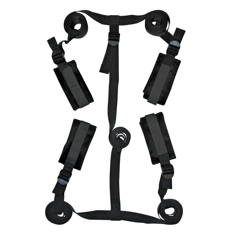 Black bondage restraint kit with four adjustable straps and cuffs.